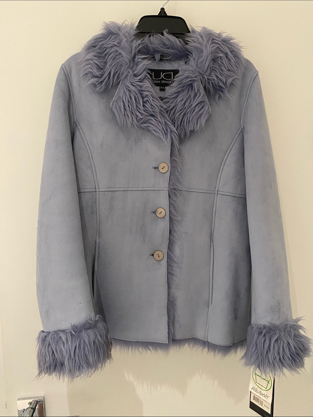 NWT Utex Design Faux Suede Faux Fur Coat Jacket Powder/Light Blue Small (P/S).